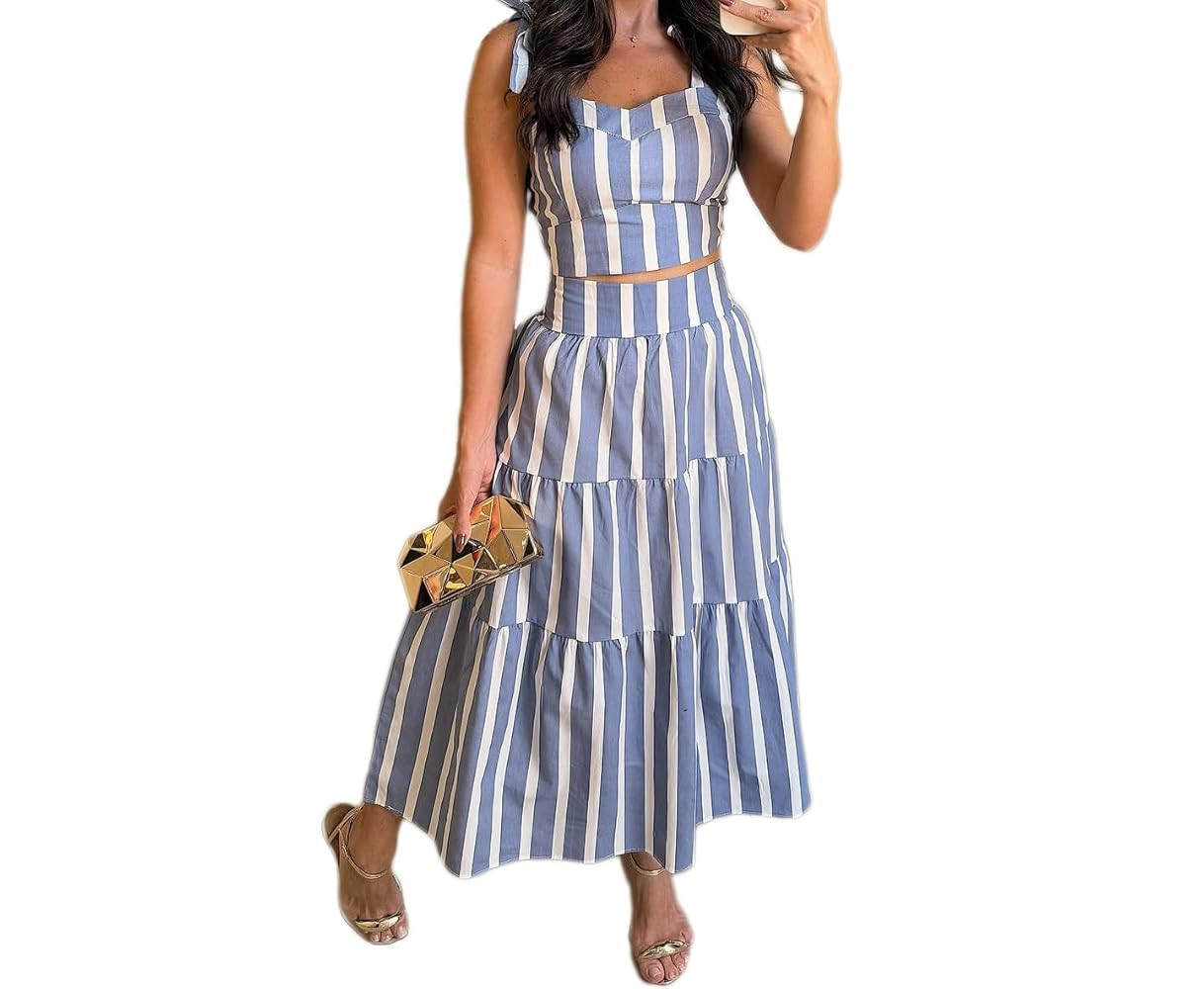 ksotutm Summer Outfits for Women Halter Tops High Waist A Line Maxi Skirt Striped Two Piece Sets ... | Amazon (US)