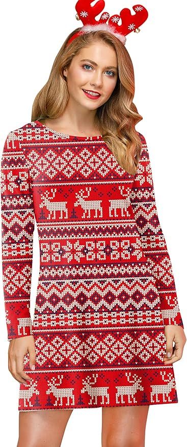 For G and PL Women's Christmas Printed Tunic Dress Long Sleeve Crewneck Casual Costume | Amazon (US)