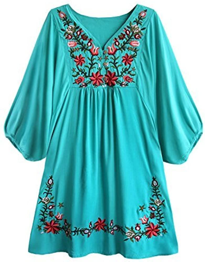 futurino Women's Bohemian Embroidery Floral Tunic Shift Blouse Flowy Mini Dress | Amazon (US)