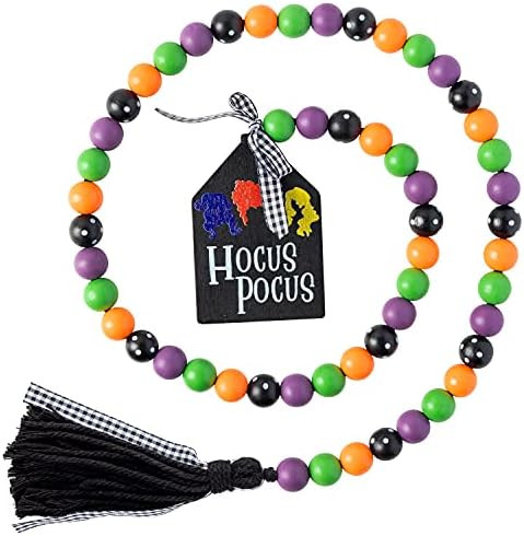 Halloween Hocus Pocus Wood Bead Garland 41.3 inches Wood Bead Garland with Jute Rope Plaid Tassel Ho | Amazon (US)
