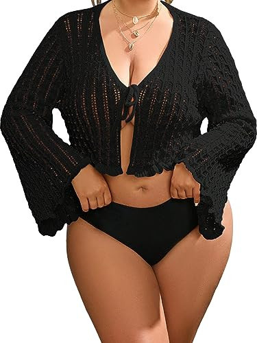 Floerns Women's Plus Size V Neck Long Flounce Sleeve Tie Front Knit Crop Cardigan Black 3XL | Amazon (US)