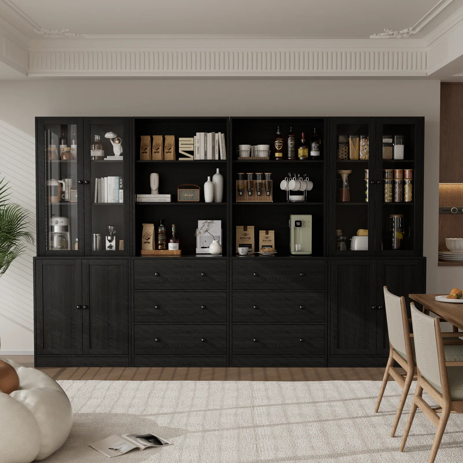 Reshod 94.5"W X 71"H X 15.7"D Kitchen Pantry Storage Cabinet With Glass Doors,Black | Wayfair North America