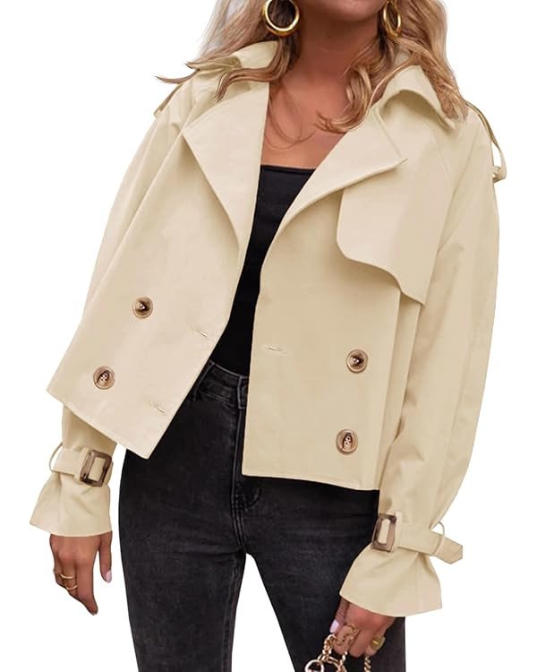 Tankaneo Womens Cropped Trench Coat Oversized Double Breasted Lapel Long Sleeve Short Jacket Fash... | Amazon (US)