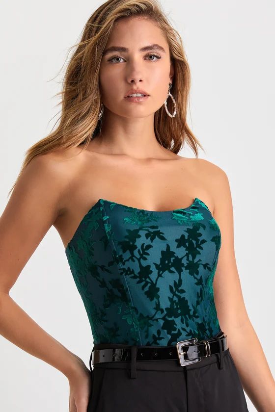 Iconic Beauty Emerald Green Velvet Floral Strapless Bodysuit | Lulus (US)