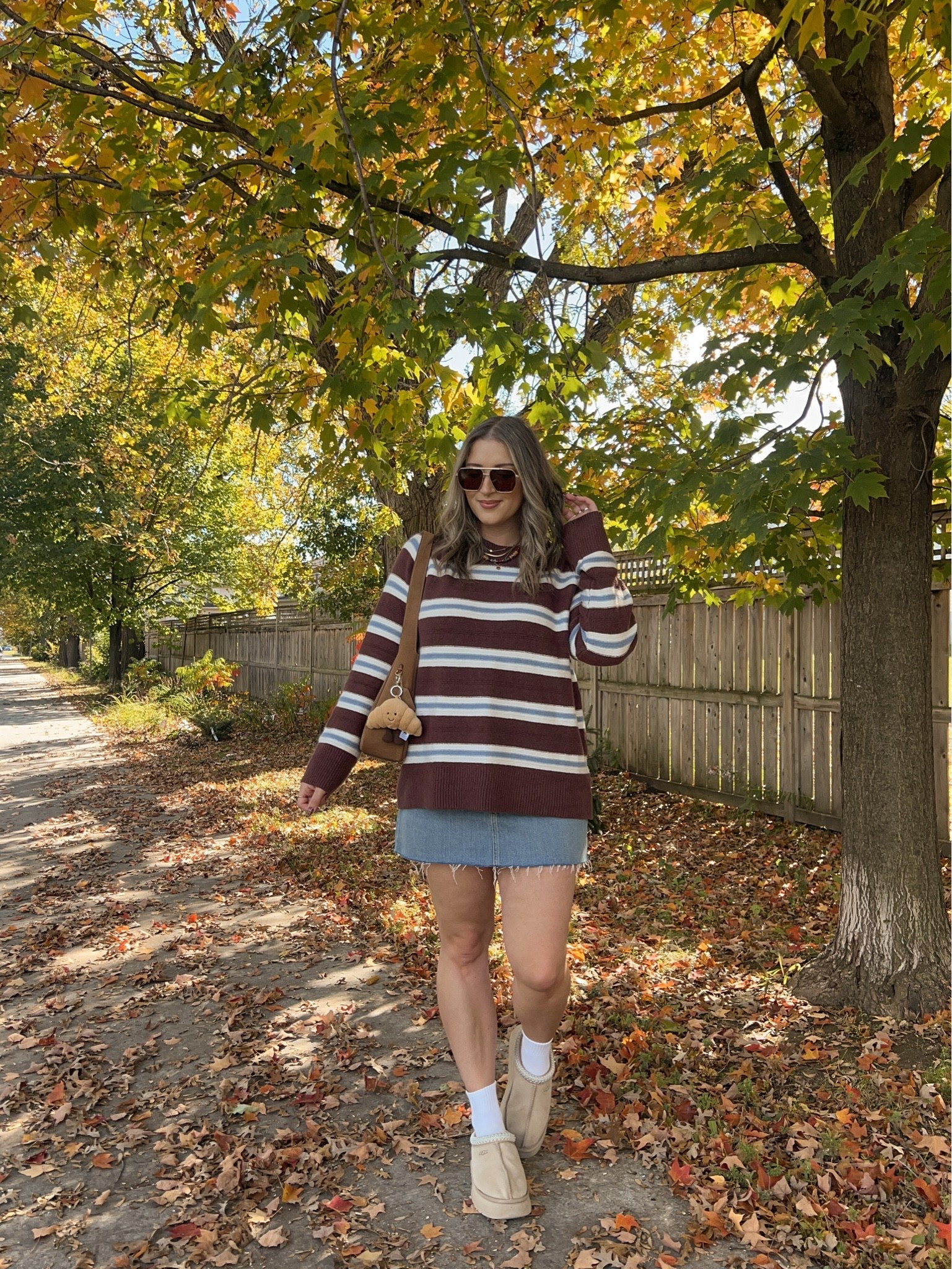 Casual fall outfit! Sized up to XL in the striped sweater for an oversized fit. I bought this Abercrombie denim skirt last year in a size 32, if I was repurchasing I would get a 30 or 31. I’m a 30 in their jeans! Ugg Tazz platforms are so comfy and TTS