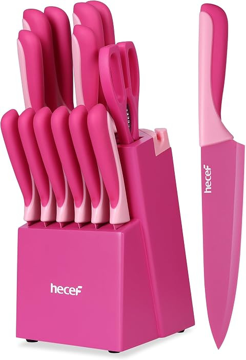 hecef 15 Pieces Kitchen Knife Set with Built-in Sharpening Wooden Block, Dishwasher Safe, High Ca... | Amazon (US)