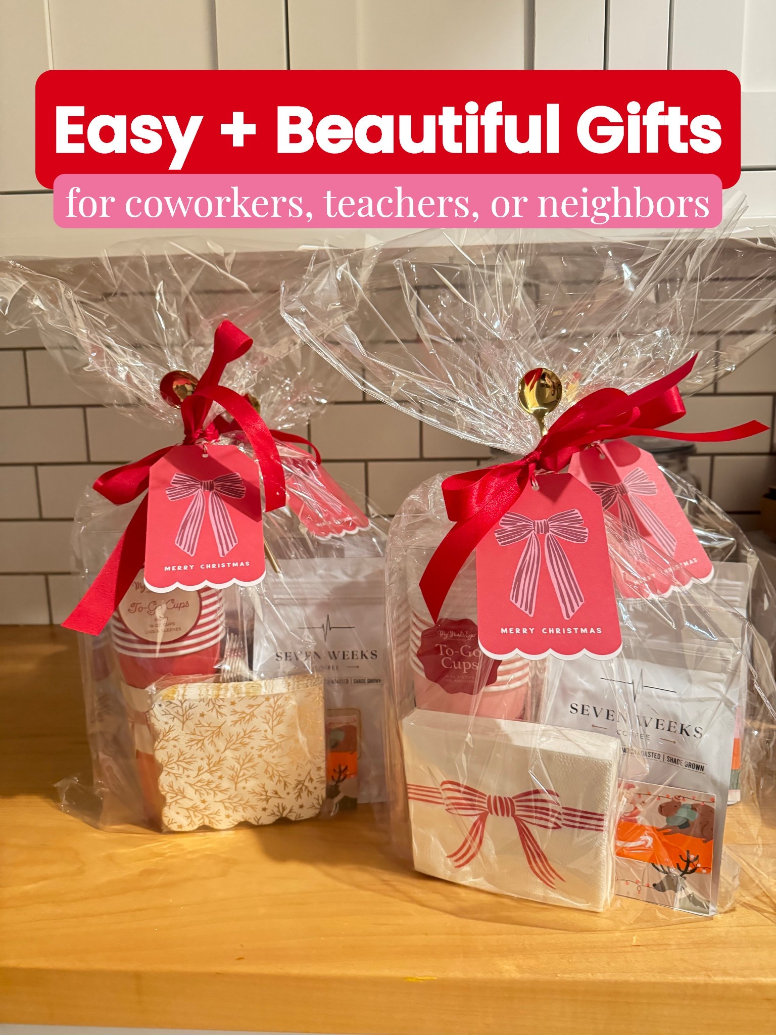 Need an easy and beautiful gift for a teacher, coworker, or neighbor? These gift baskets (without the need for a basket) come together quickly and for under $50 a bag depending on how much/if you choose the gift card option. 

This gift is versatile and a crowd pleaser. You can swap the coffee for hot chocolate mix or even tea. Instead of an Amazon gift card, give a gift card to a local coffee shop. Everyone loves a cute to-go cup and the disposable kind are perfect to give as gifts because they get to use them up and enjoy them without the burden of getting more stuff to find a place for during the holidays. 

Total Cost Breakdown:
Cups + Napkins = $11
Coffee = $20-$25 
($23.79 for my favorite brand Seven Weeks Coffee)
Coffee Spoons = $1.79 per spoon
Gift tags = $5 for 12 ($0.42 a tag)
Ribbon = $0.10 ($10.19 for 100yards)
Amazon gift card= $10+
Total: $36+ 


#LTKGiftGuide #LTKFindsUnder50 #LTKHoliday