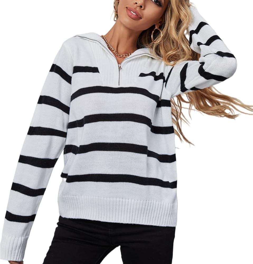 ANWUMICO Womens Collared Striped Sweaters Zip Up Tops Long Sleeve Pullover Casual Loose Fit Knit ... | Amazon (US)