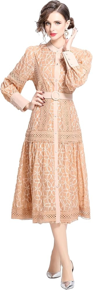 LAI MENG FIVE CATS Women's Round Neck Lantern Sleeves Embroidery Button Layered Lace Hem Midi Dre... | Amazon (US)