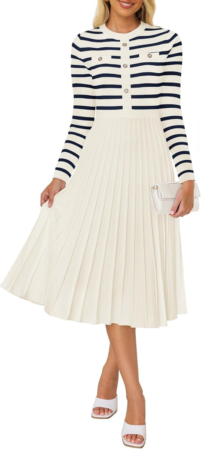 ZESICA Womens Long Sleeve Striped Midi Dresses Crewneck Button Ribbed Knit Pleated A Line Swing S... | Amazon (US)