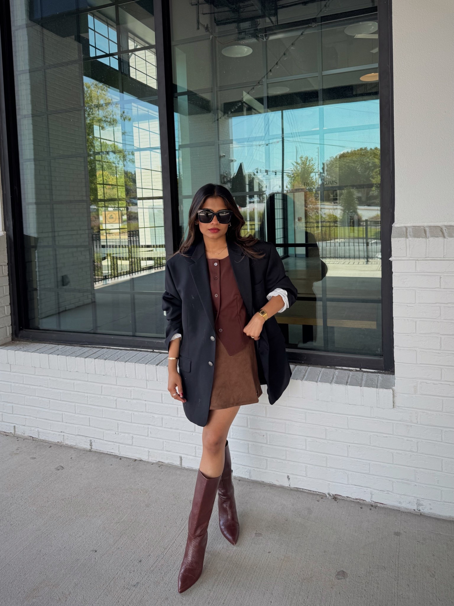 Brown and black look for fall. 
Wearing S in vest and S in skirt (but it runs big so I need to size down)
Mid length boots are very comfortable and the heel makes it wearable and versatile (~2.5”) 

#LTKPetite #LTKSeasonal #LTKShoeCrush