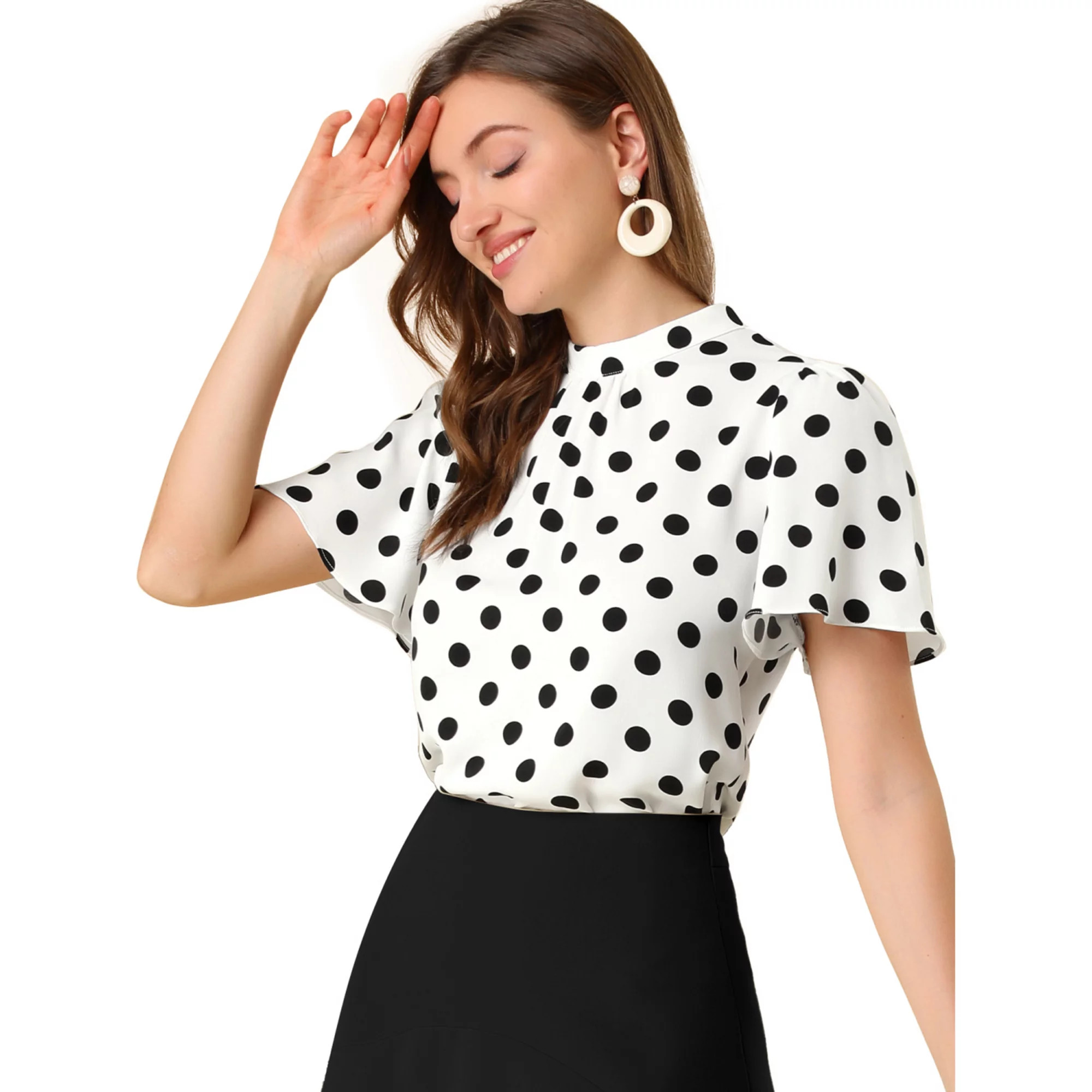 Women's Polka Dots Blouse Stand Collar Pleat Keyhole Back Short Flare Sleeve Tops | Kohl's