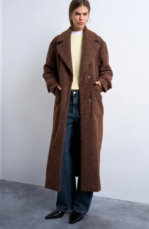 Topshop Chuck On Faux Shearling Longline Coat in Camel at Nordstrom, Size Large | Nordstrom