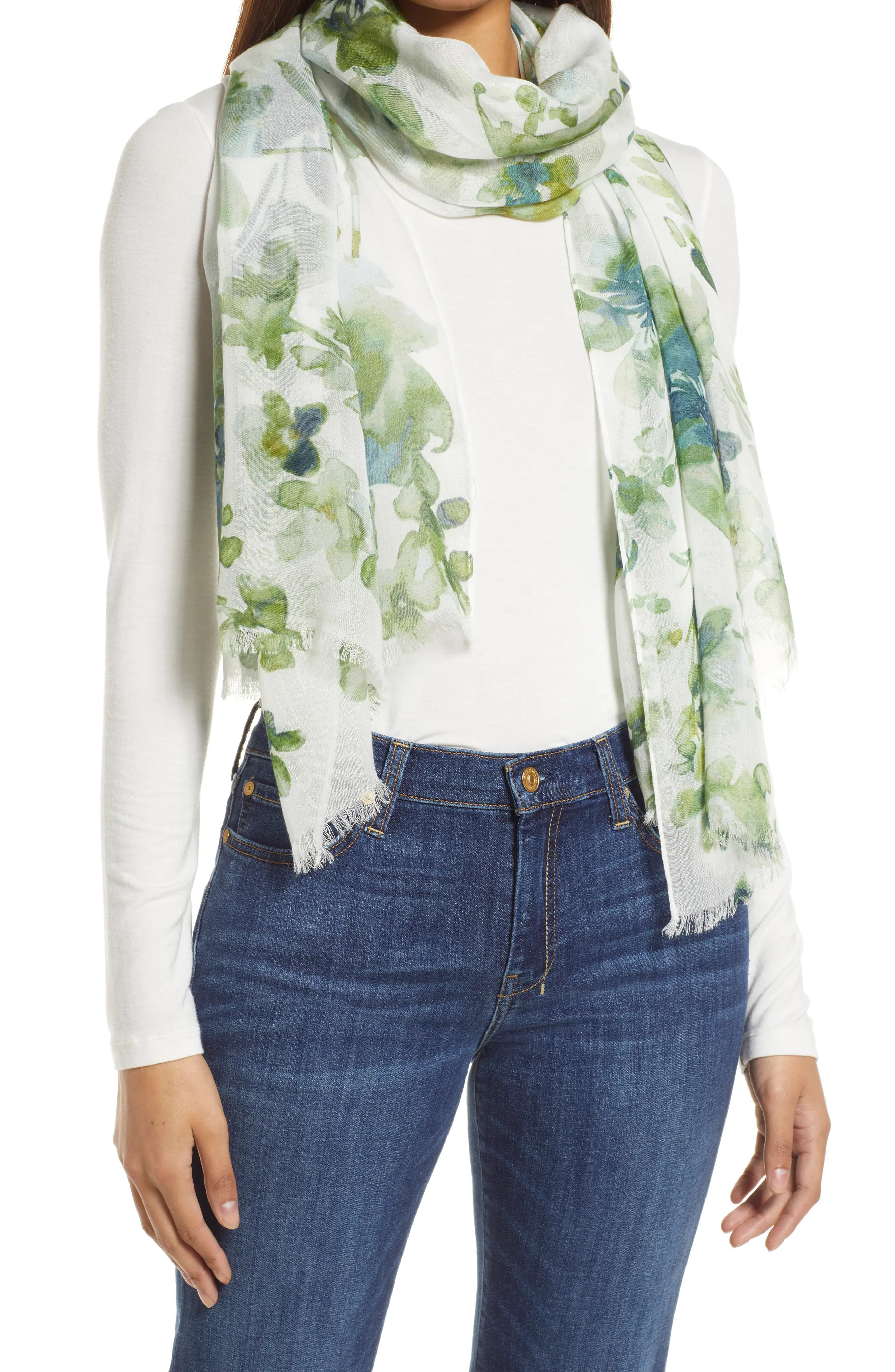 Nordstrom Print Modal & Silk Scarf in White Gradient Florals at Nordstrom | Nordstrom