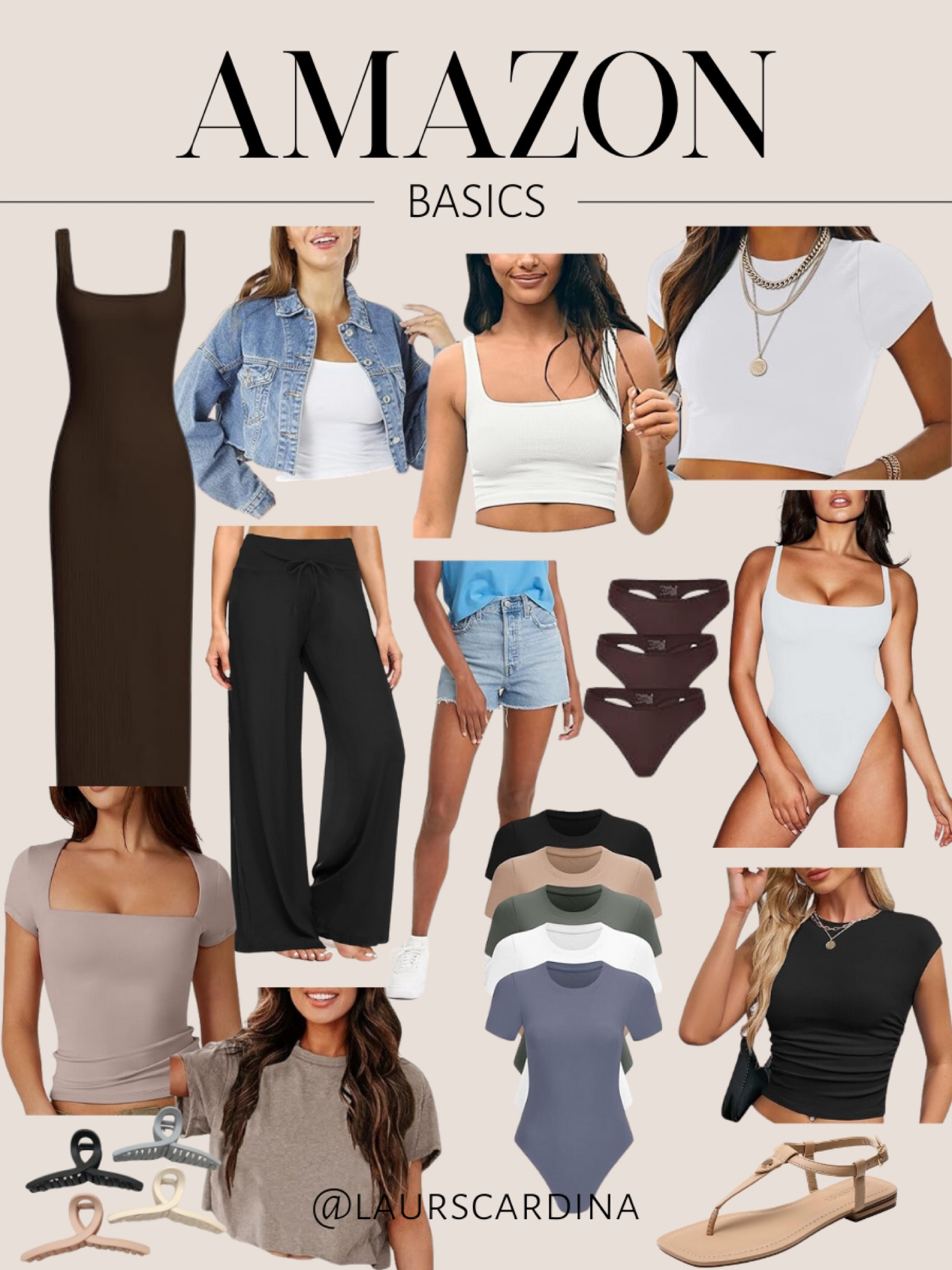 These are my top picks for basics on Amazon, including a long black ribbed tank dress, cropped denim jacket, white tank, white high neck tee, bodysuits, wide leg pants, cutoff denim shorts, seamless underwear, cropped tees, hair clips, and nude sandals. 

Ootd, Amazon fashion, spring outfit essentials

#LTKfindsunder50 #LTKshoecrush #LTKstyletip