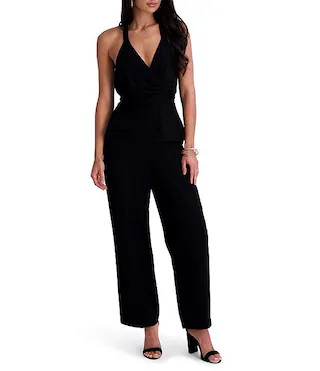 V-Neck Sleeveless Ruched Straight Leg Jumpsuit | Dillard's