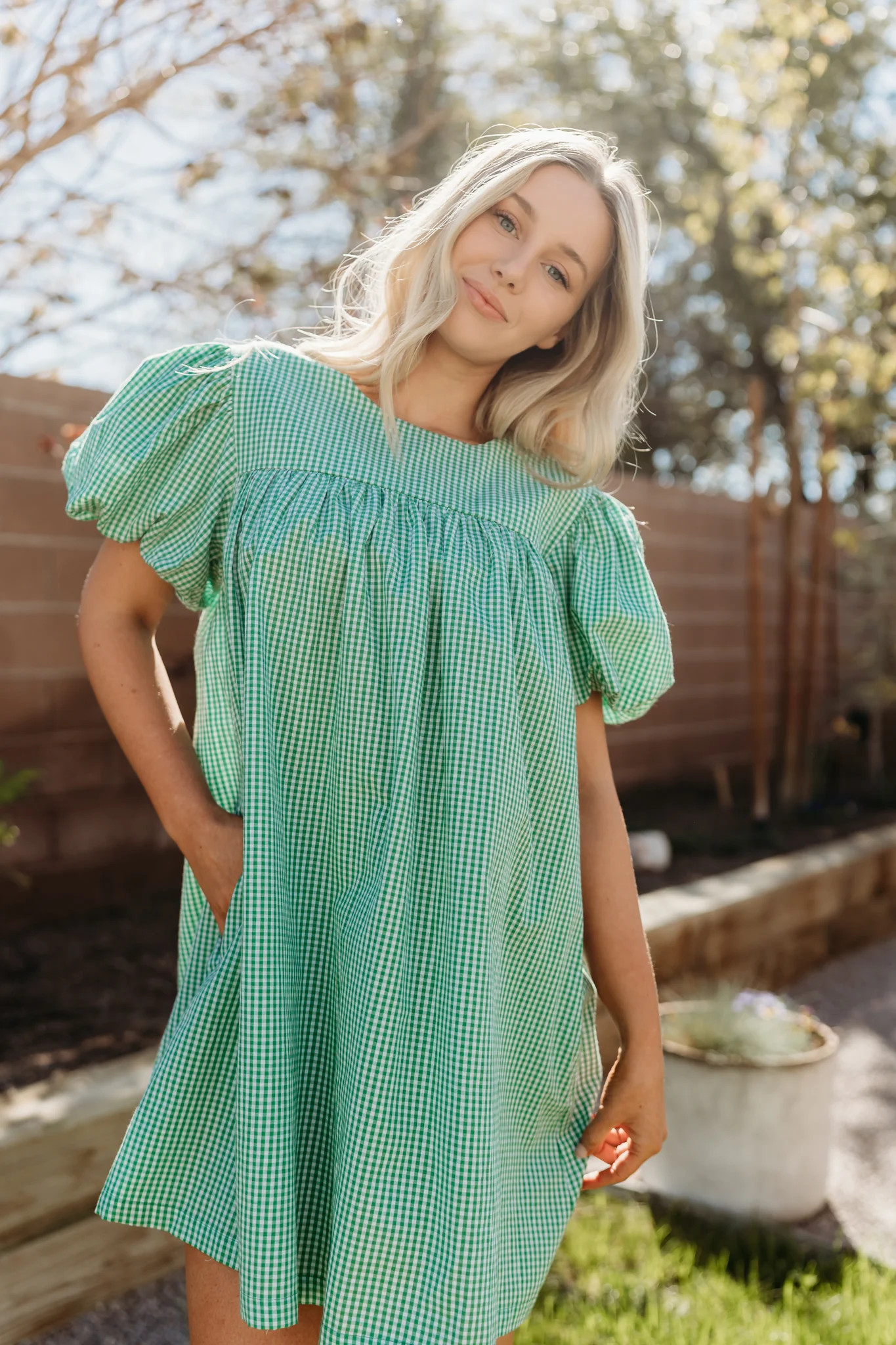 THE DAISY BABYDOLL GINGHAM DRESS IN GREEN | Pink Desert