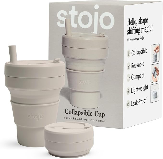 STOJO Collapsible Travel Cup With Straw - Oat, 16oz / 470ml - Reusable To-Go Pocket Size Silicone... | Amazon (US)