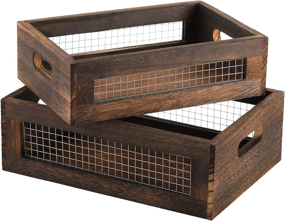 Dicunoy Set of 2 Rustic Nesting Boxes, Wooden Organizer Crates Basket, Small Decorative Wood Wire... | Amazon (US)