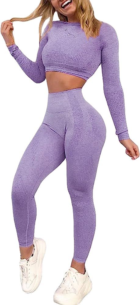 Amazon.com: YOFIT Women's Workout Outfit 2 Pieces Seamless High Waist Yoga Leggings with Long Sle... | Amazon (US)