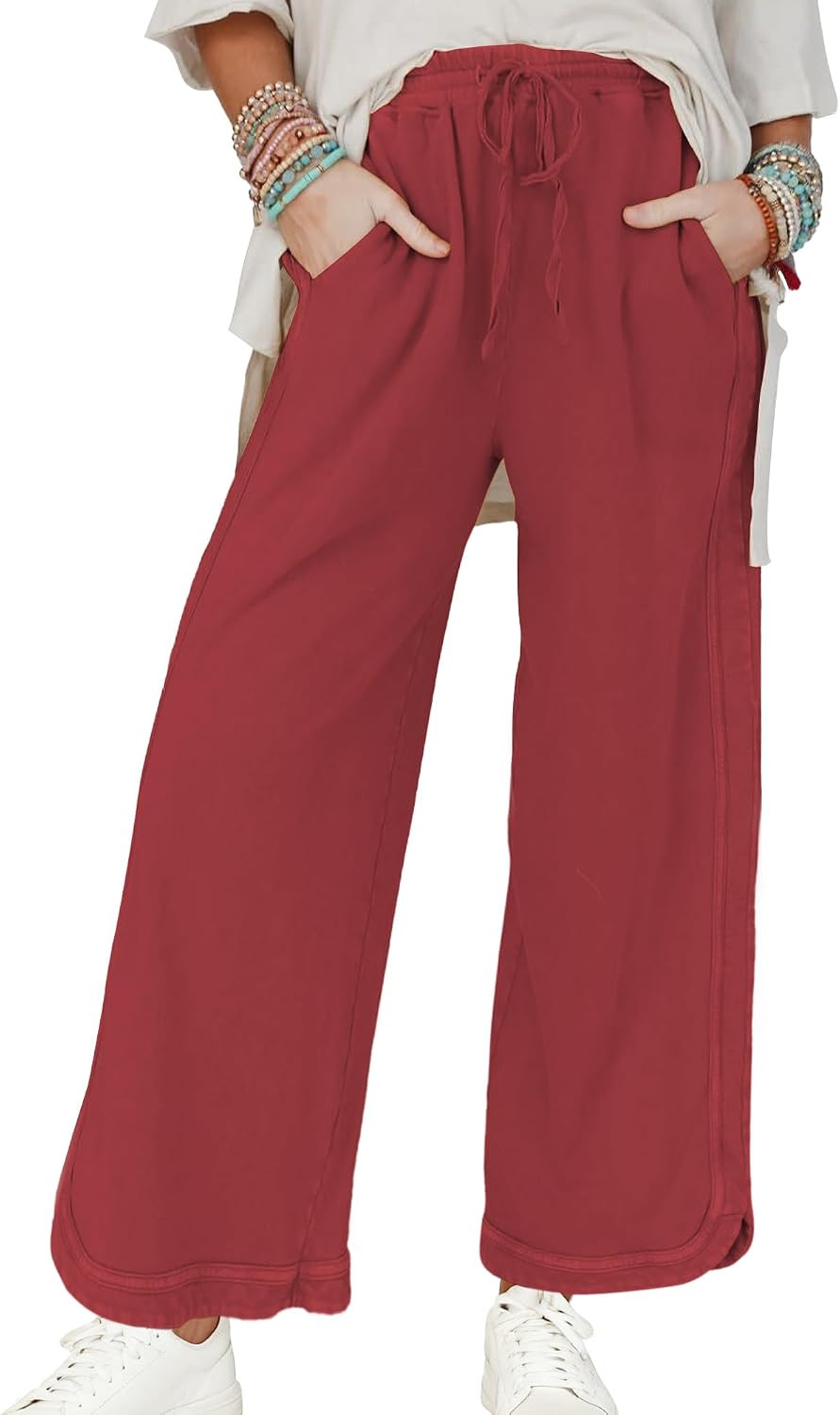 Hixiaohe Women's Casual Wide Leg Sweatpants High Waist Baggy Acid Wash Pants Drawstring Athletic Palazzo Pants with Pockets | Amazon (US)
