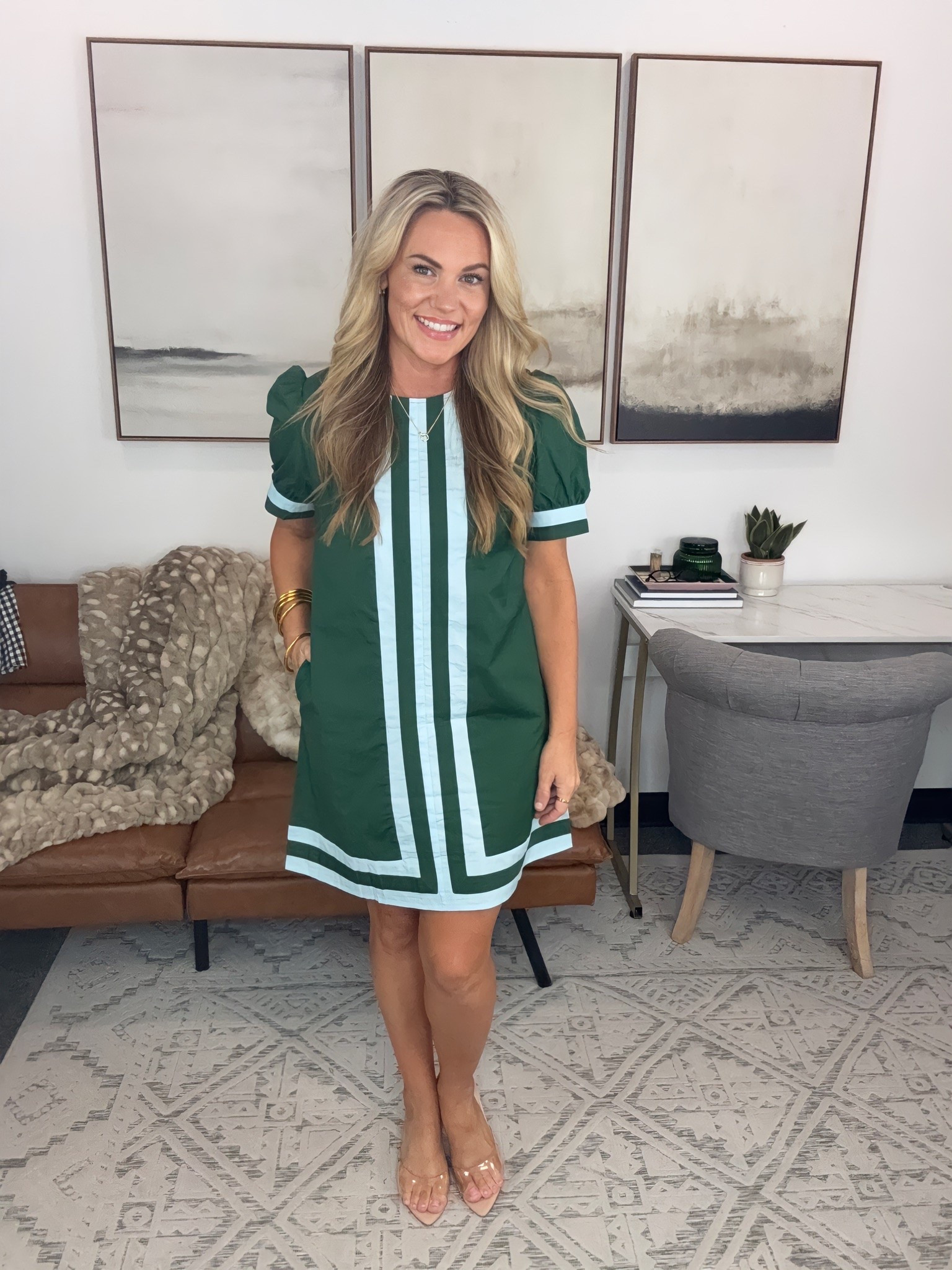 A dress that can handle a full calendar. The relaxed shape keeps it comfortable, while the bold green and contrast detailing give it enough personality for the office, lunch, or dinner.

green mini dress, casual work dress, office outfit, day to dinner dress, fall outfit idea, transitional dress, short sleeve dress, comfortable dress, everyday style, workwear style, AudrieDollins

#LTKootd #LTKOver40 #LTKSeasonal