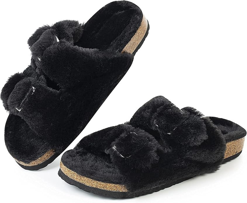 FITORY Womens Open Toe Slipper with Cozy Lining,Faux Rabbit Fur Cork Slide Sandals Size 6-11 | Amazon (US)