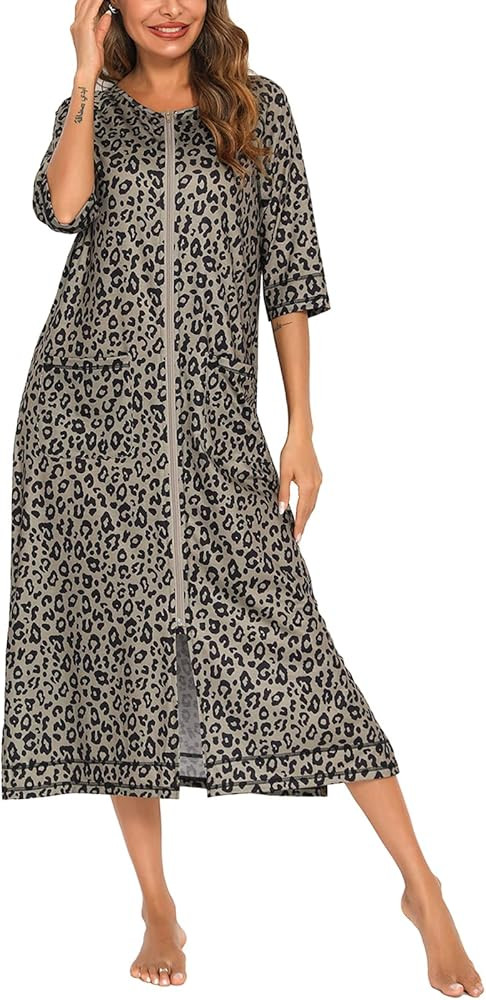 Veseacky Women Robe Zipper Front House Coat 3/4 Sleeve Nightgown Full Length Ladies Lounge Dress ... | Amazon (US)