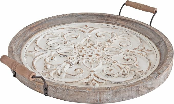 Kate and Laurel Hillrose Round Wooden Tray, 18 inch Diameter, Rustic Brown and White, Decorative ... | Amazon (US)