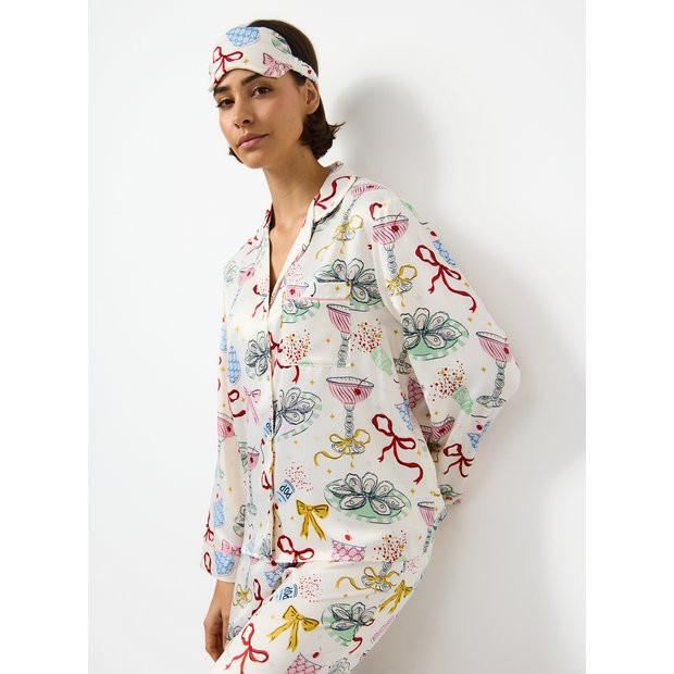 Christmas Party Printed Satin Traditional Pyjamas & Eye Mask 18 | Tu Clothing