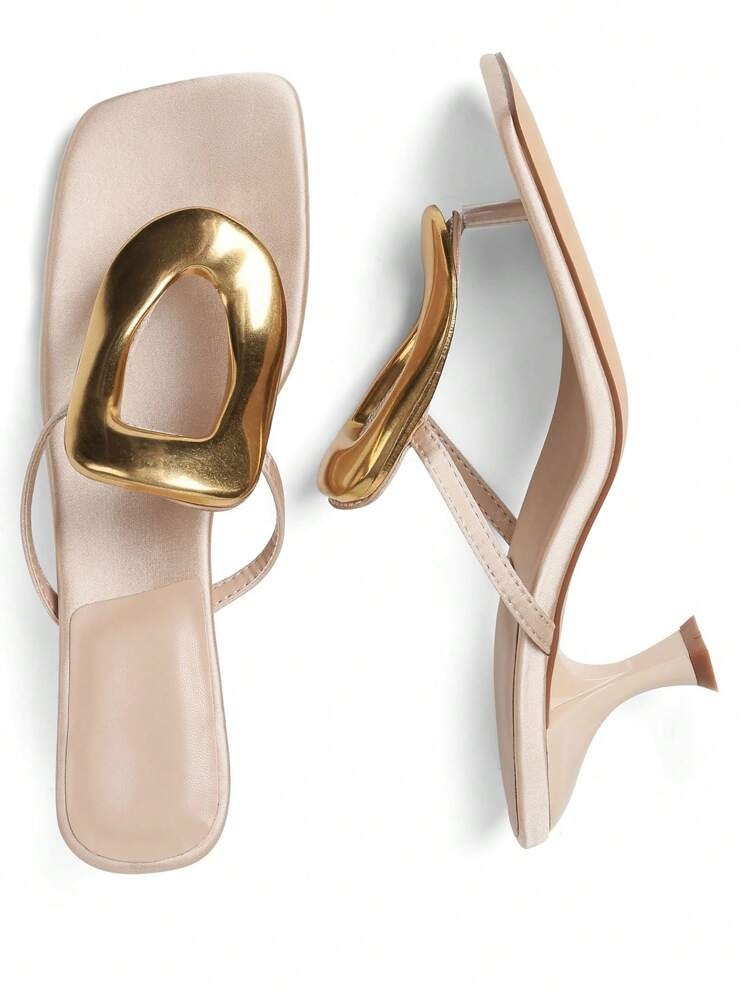 Sandalias De Dedo Tipo Flip Flop Con Tacón De Gatito, Puntera Cuadrada, Metálicas, Coloridas, Sexys, Elegantes Y Para Vestidos De Verano | SHEIN