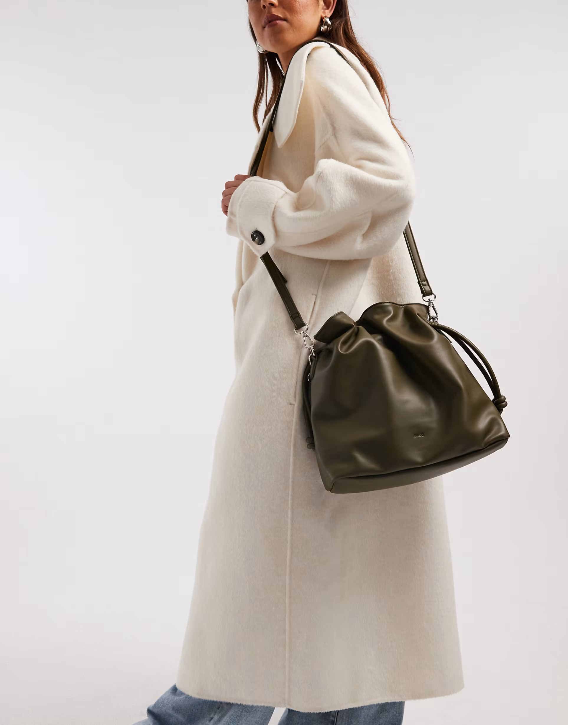 PASQ draw string soft shoulder bag in khaki green | ASOS (Global)