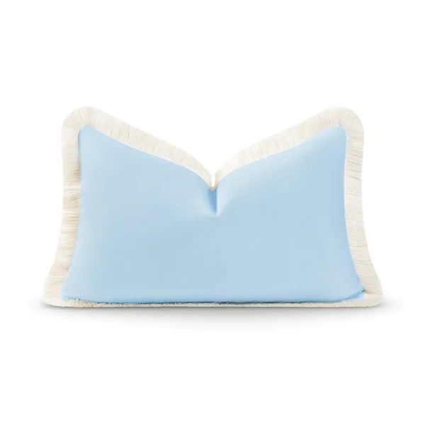 Coastal Hampton Style Indoor Outdoor Lumbar Pillow Cover, Fringe, Solid Baby Blue, 12"x20" | Hofdeco