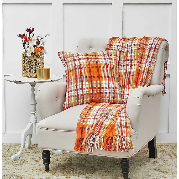 Bright Orange Harvest Plaid Throw | Kirkland's Home