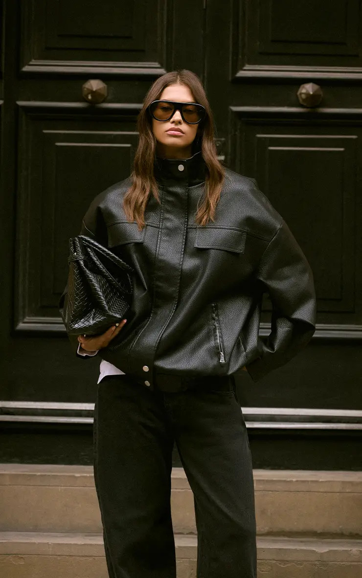 Black PrettyLittleThing Funnel Neck Concealed Placket Faux Leather Jacket | Boohoo | Boohoo.com (UK & IE)