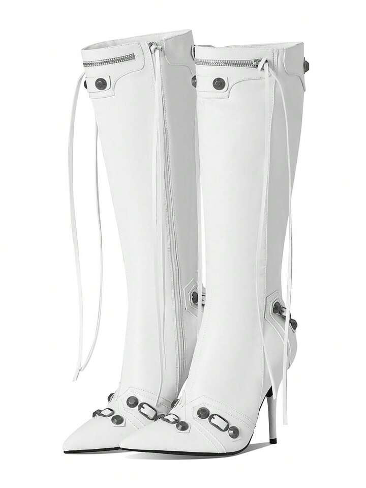 Punk Gothic Women Motorcycle Boots Pointed Toe Knee High Rivets Tassels Stilettos High Heels Sexy... | SHEIN