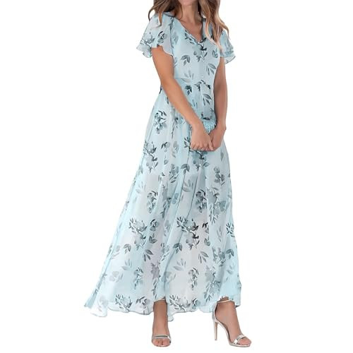 Spring Dresses for Women 2025,Women Dresses,Dresses for Women 2025 Elegant, Chiffon Dress Floral Print Maxi Dress Ruffle Short Sleeve Spring Summer Casual Swing Swing Sky Blue XL | Amazon (US)