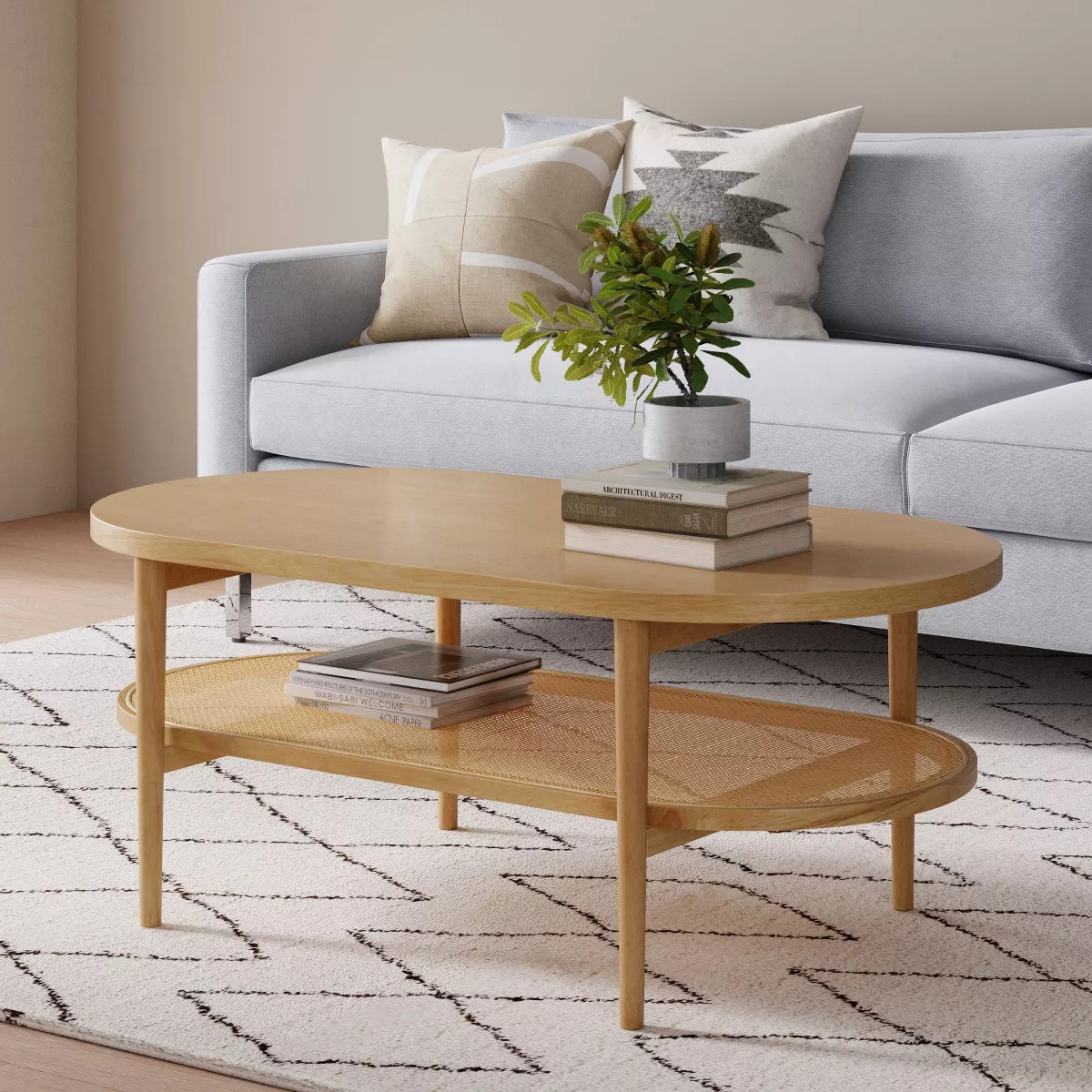 46" Warm Pine Wood and Rattan Oval Coffee Table Warm Pine - Nathan James | Target