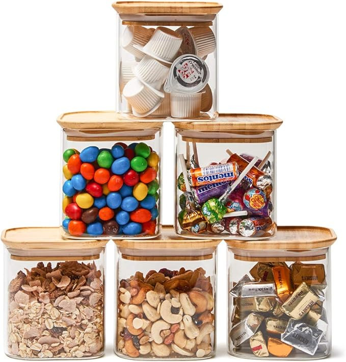 EZOWare 24oz Square Clear Glass Jars with Airtight Bamboo Lid, Set of 6 Stackable Kitchen Pantry ... | Amazon (US)