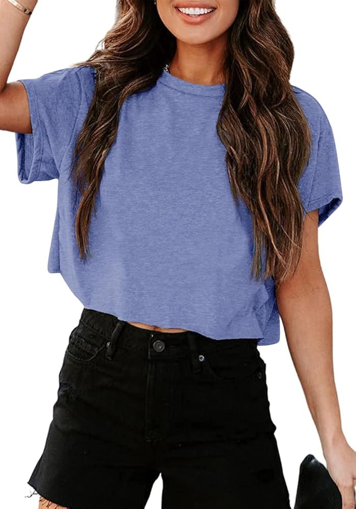 Tankaneo Women Short Sleeve Cropped T-Shirts Crew Neck Loose Crop Tops Summer Casual Drop Shoulde... | Amazon (US)