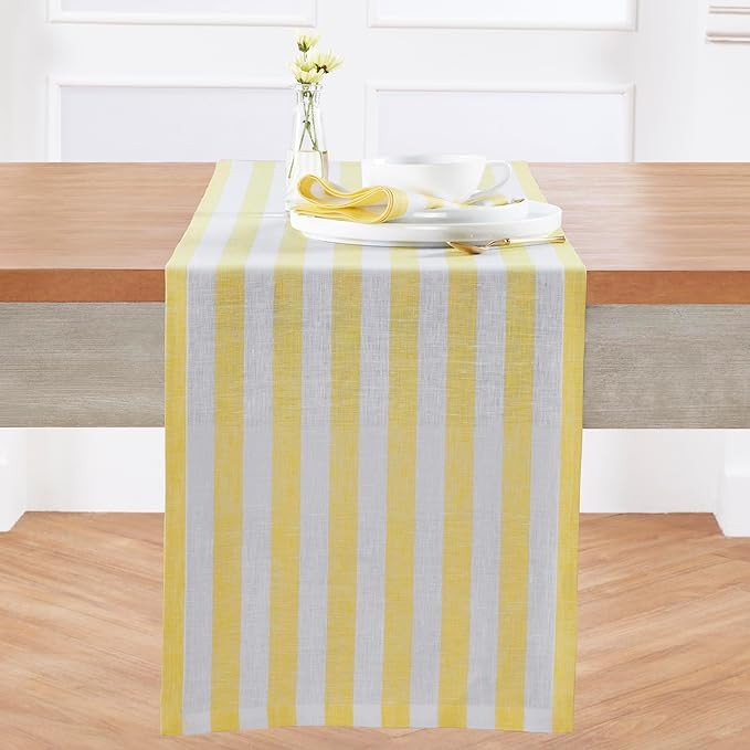 Solino Home Striped Table Runner 60 Inches - Sorrento Stripe, 100% Pure Linen Yellow and White Sm... | Amazon (US)