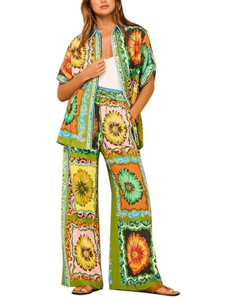 Womens 2 Piece Boho Print Summer Beachwear Suit Sets Short Sleeve Button Down Shirt Wide Leg Pant... | Amazon (US)