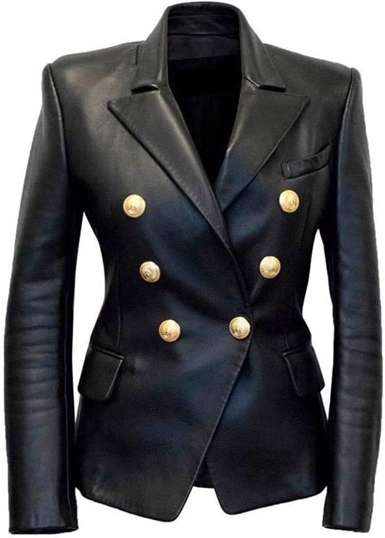 Womens Kim Kardashian Black Double Breasted Slim Fit Real Leather Jacket Blazer | Amazon (US)