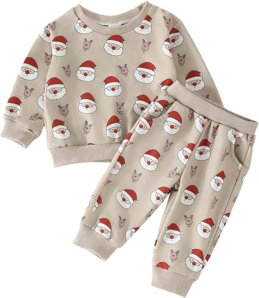 Junsyuffk Toddler Baby Girl Christmas Outfits Santa Print Crewneck Pullover Sweatshirt Jogger Pants  | Amazon (US)