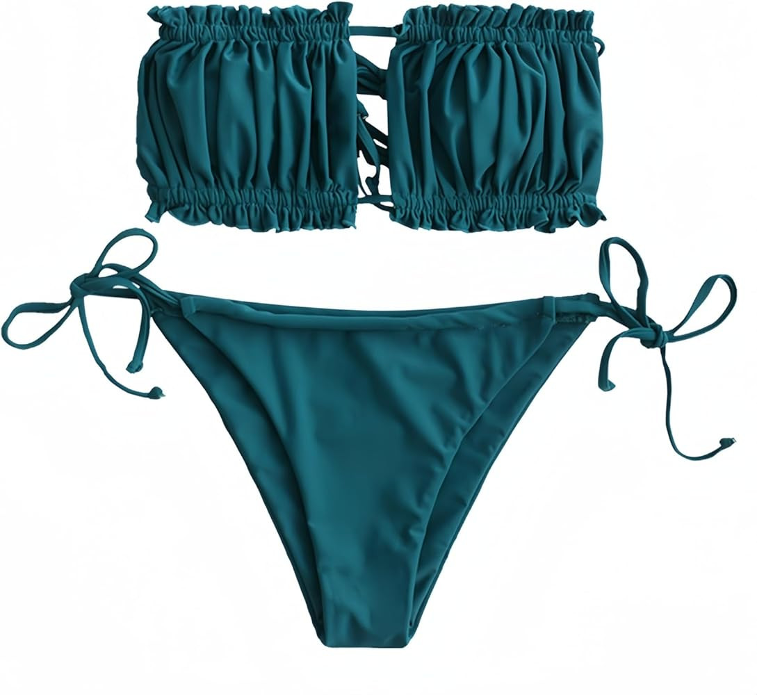 ZAFUL Women 2 Piece Strapless Bikini Swimsuits Ruffle Ribbed Bandeau Bikini Set High Cut Bathing ... | Amazon (US)