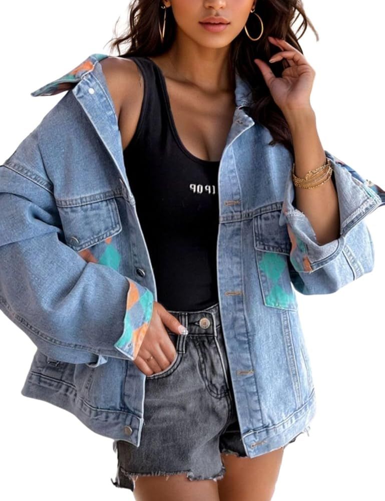 happlan Denim Jacket For Women Loose Lapel Button Down Print Shirt Coat Shacket | Amazon (US)