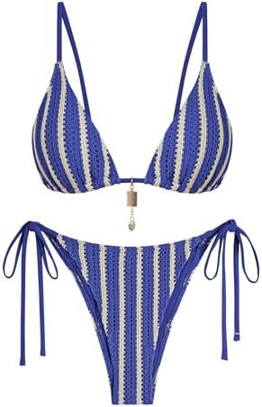 ZAFUL Crochet Bikini Sets for Women Cheeky Boho Bathing Suits Striped Brazilian High Cut Thong Bi... | Amazon (US)