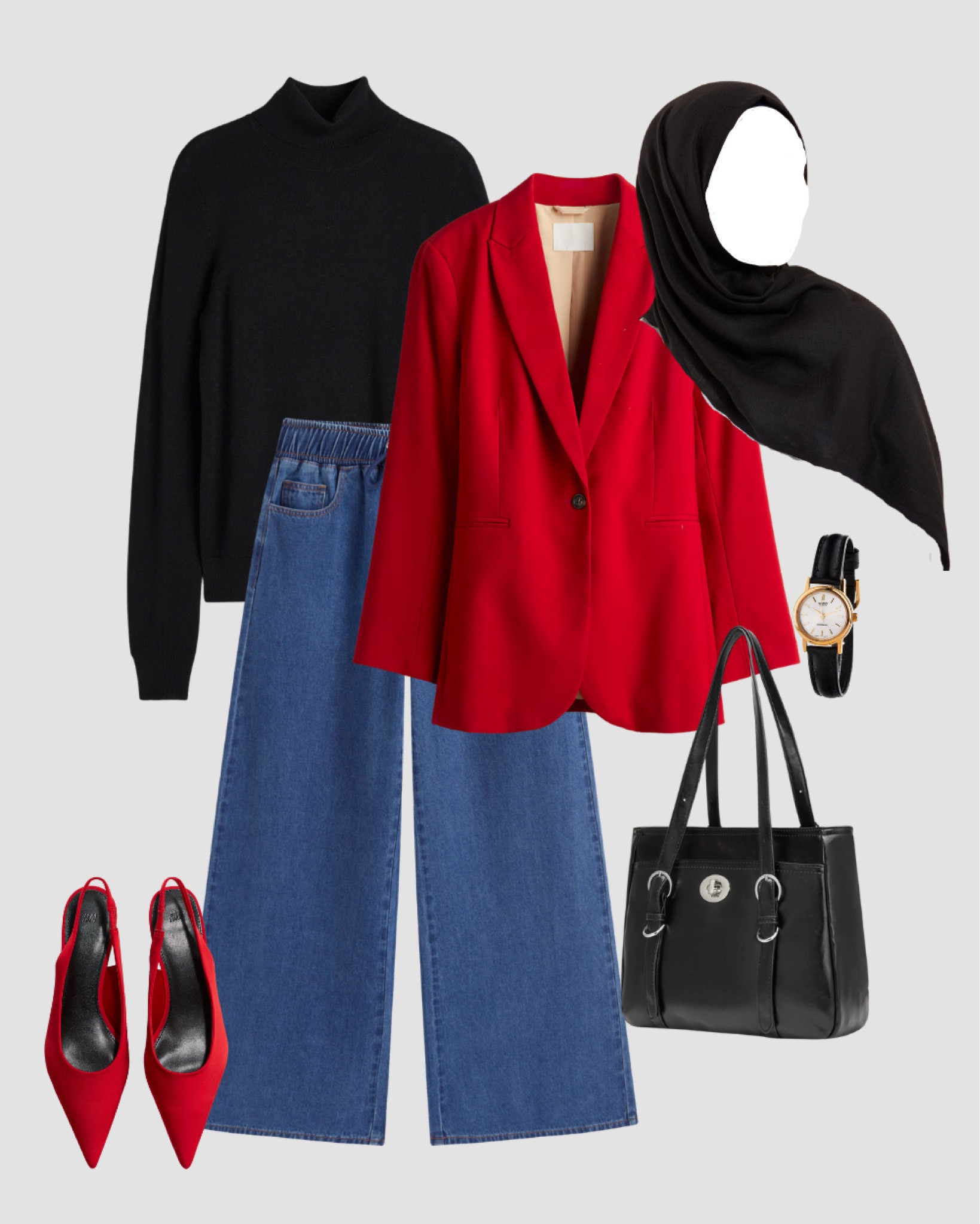 Casual business outfits with wide leg jeans and red blazer. Work outfits for hijabis. #winterootd #workoutfits #hijablook