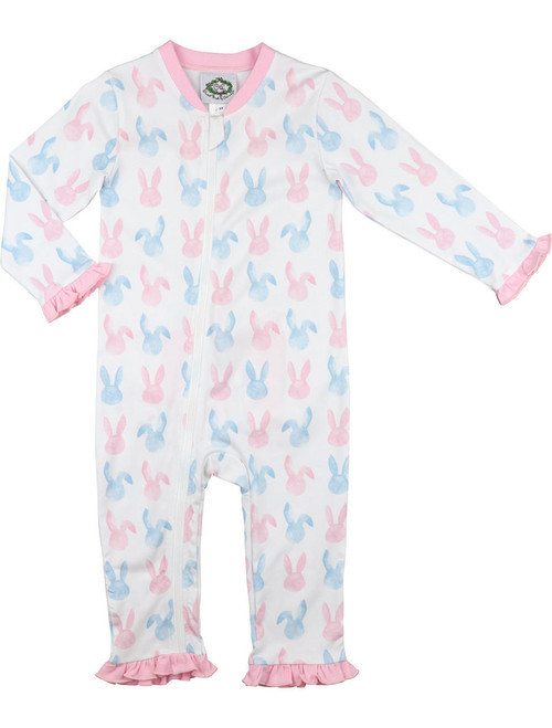 Pink And Blue Bunny Print Knit Zipper Pajamas | Cecil and Lou