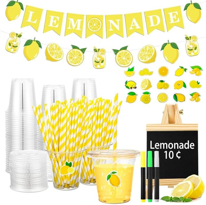 Lemonade Stand Supplies 50 Pcs Lemonade Cups with Lids and Straws, 2 Pcs Lemonade Banners, Wooden... | Amazon (US)